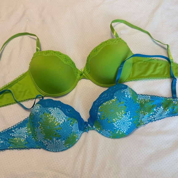 2 Love Affair Bras Blue Floral & Green Size 36C Underwire - Picture 1 of 8